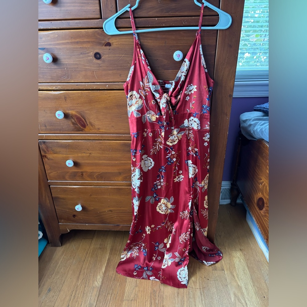 Women's Tie Knot Cut Out Side Split Hem Sleeveless Floral Maxi Dress, size large